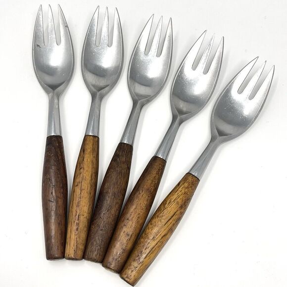 Dansk FJORD Salad Forks Teak Handle Stainless Steel Germany 6 5/8” Set Of 5 - Picture 1 of 9